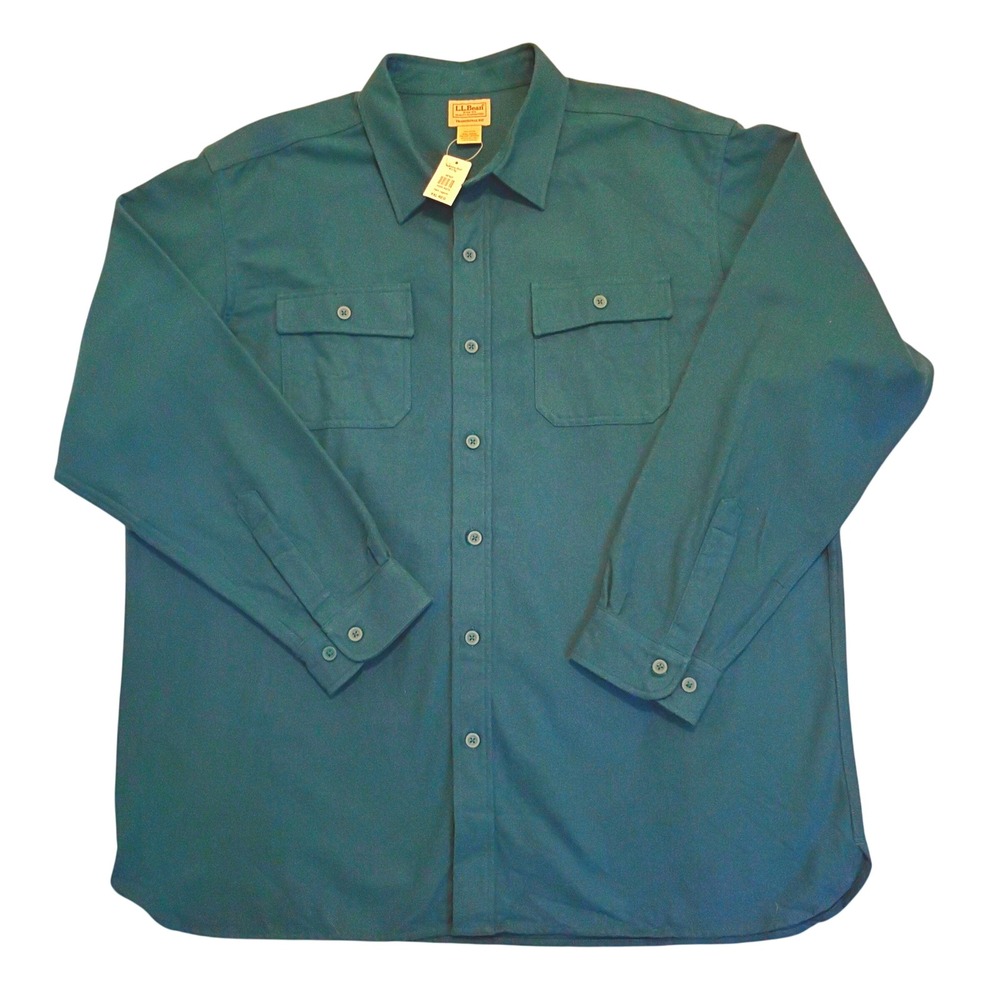 LL Bean Mens XXL-Reg Chamois Flannel Shirt Green Teal Cotton Traditional Fit